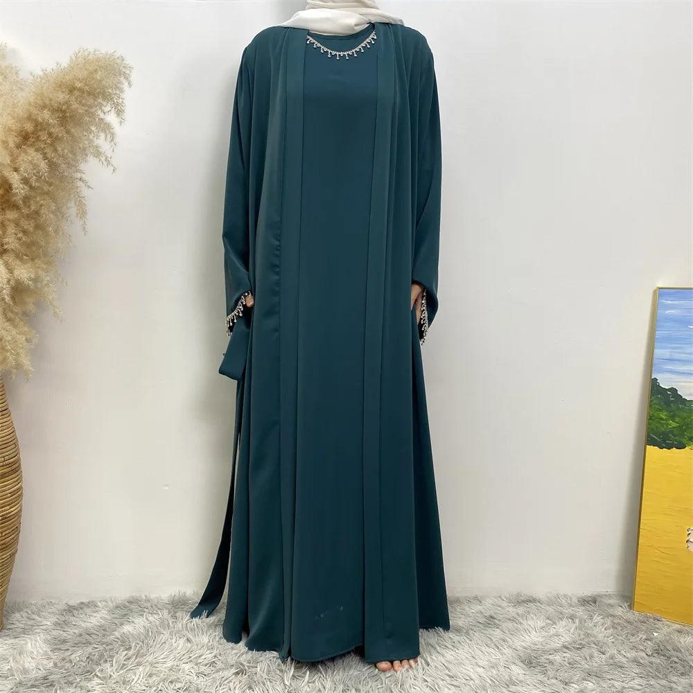 New fashion Muslim women sleeveless dress plus Muslim cardigan two-piece Arab Turkey Dubai dress elegant temperament clothing - Aurex