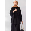 Eid Muslim Two Piece Set Islam Women Lace Up Shirt Wide Leg Pants Suits Ramadan Turkey Outfits Modest Morocco Abayas Ensembles - Aurex