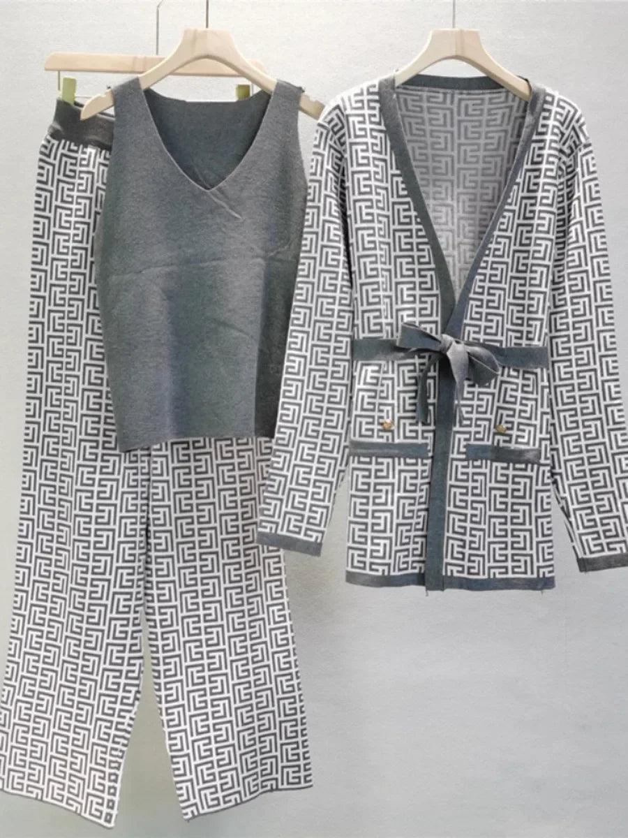 Winter Women Knitted 3 Pieces Set Muslim Casual Thicken Jacket Sweater Coat +Knitted Top +pant 3PCS Suits Warm Set Abaya 2024 - Aurex