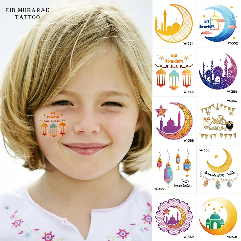 10Pcs Eid Mubarak Temporary Tattoo Stickers Ramadan Kareem Decoration Islamic Muslim Party Supplies Eid Kids Gift 2024 New