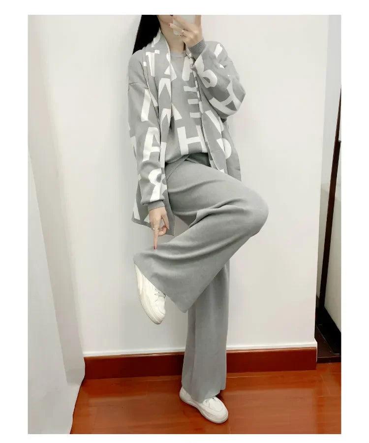 Women Knitting Three Piece Set Letter Print Pullover Sweater Scarf Wide Leg Pants Suit Morocco Ensemble Muslim Knit Tracksuit - Aurex