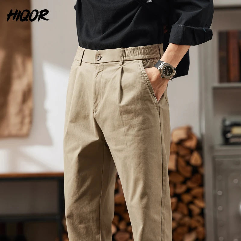 HIQOR Men Elastic Waist Cargo Pants New In Man Cotton Casual Pants Male Workwear Hombre Straight Trousers Male Big Size 28-38