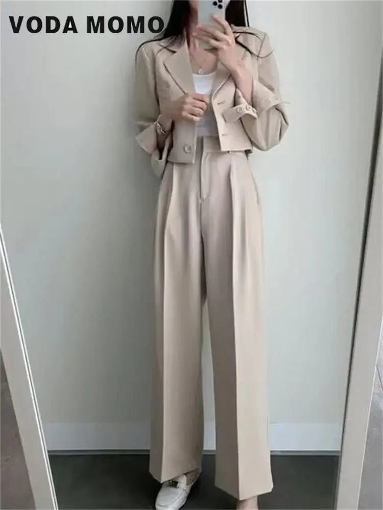 Spring Korean Casual Elegant Suits Blazer Jacket Wide Leg Trousers High Waist Pants Suits Female 2 Piece Sets Crop Top Coats - Aurex