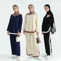 Ramadan Knitted Sweater Plain 2 Piece Abaya Set Tops Pant Modest Muslim Set For Women Islam Caftan Robe Femme Musulmane Kaftan - Aurex