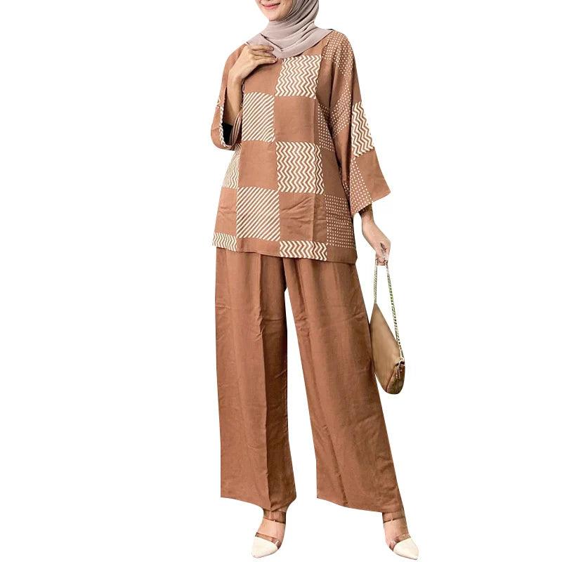 2pcs Women Muslim Matching Sets Long Sleeve Printed Blouse Wide Leg Trousers Suit ZANZEA Summer Pant Sets Dubai Hijab Tracksuits - Aurex