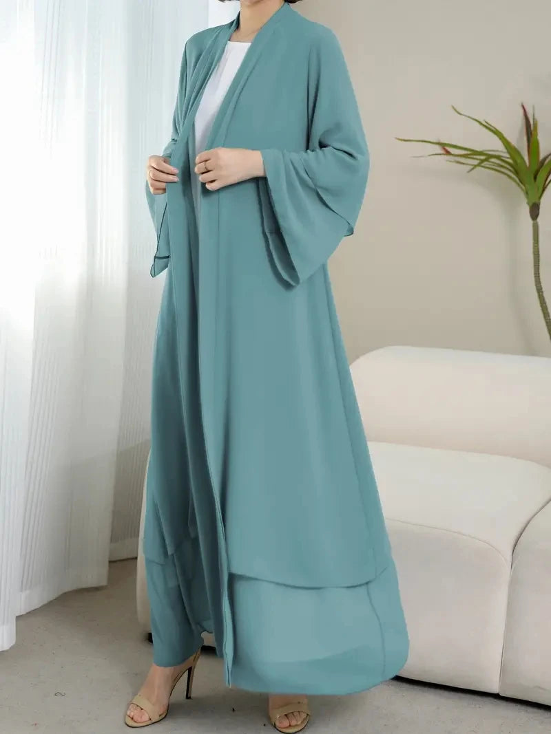 Solid Color Tie Waist Modest Dress, Elegant Layered Hem Maxi Length Dress With Hijab, Women's Clothing - Aurex