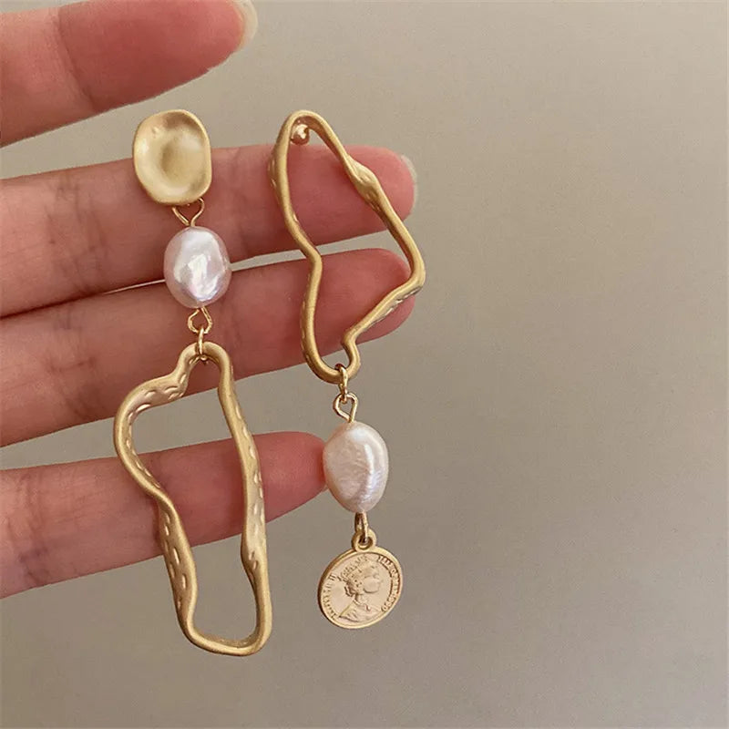 Asymmetric Long Baroque Pearl Earrings French Style Retro Fashion Temperament Luxury Jewelry Woman Party Accessories