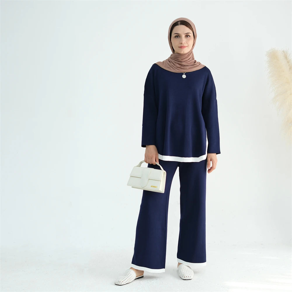 Ramadan Knitted Sweater Plain 2 Piece Abaya Set Tops Pant Modest Muslim Set For Women Islam Caftan Robe Femme Musulmane Kaftan - Aurex