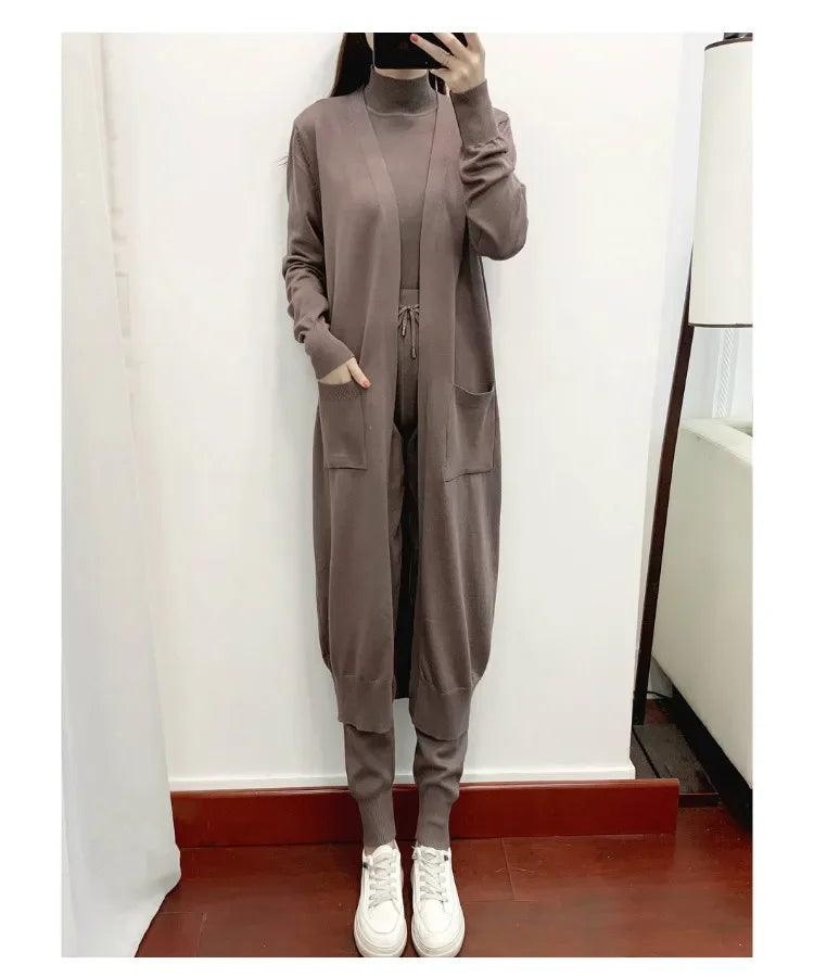 Winter Women Knitted 3 Pieces Set Casual Thicken Long Coat Dress Sweater Coat +top + Pant 3PCS Suits Warm Set Abaya 2024 - Aurex