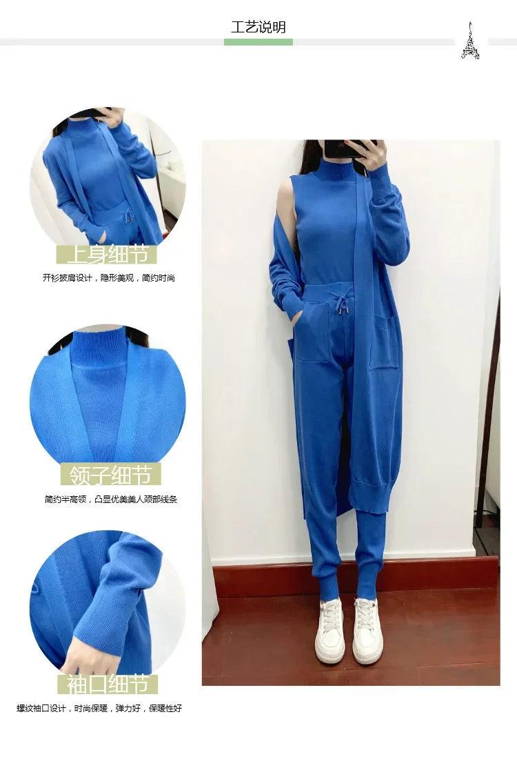 Winter Women Knitted 3 Pieces Set Casual Thicken Long Coat Dress Sweater Coat +top + Pant 3PCS Suits Warm Set Abaya 2024 - Aurex