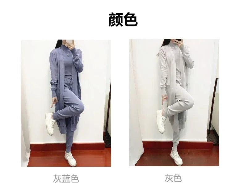 Winter Women Knitted 3 Pieces Set Casual Thicken Long Coat Dress Sweater Coat +top + Pant 3PCS Suits Warm Set Abaya 2024 - Aurex