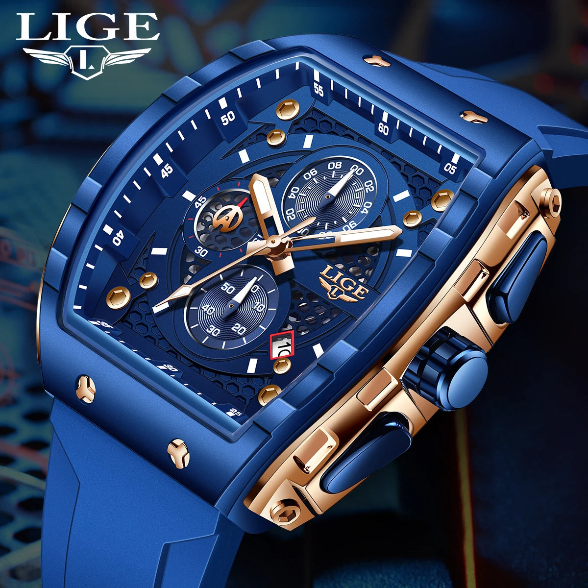 LIGE Top Brand Luxury Square Quartz Watches for Men Fashion Casual Sport 50M Waterproof Man Watch Auto Date Military Chronograph