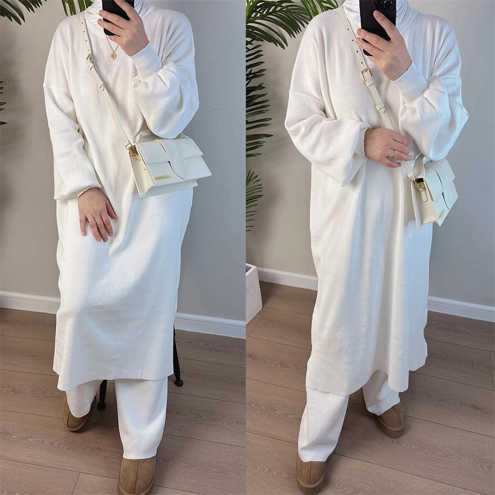 Autumn Casual Knitted 2 Piece Set Womens Outfits Matching Muslim Set Long Sleeve Dress Wide Leg Pants Suit Tracksuit Turkey Robe - Aurex