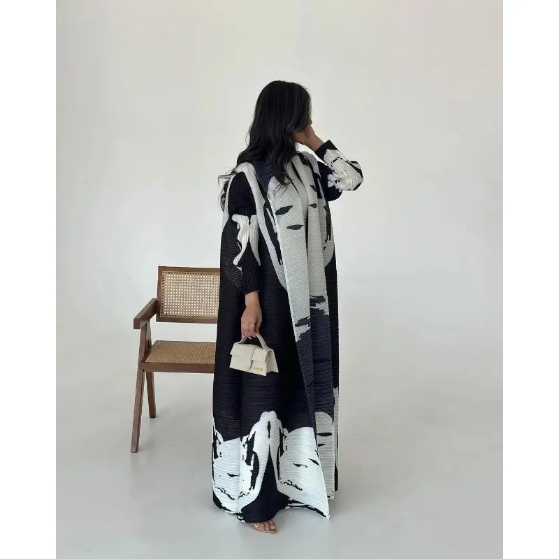 KAF Women Luxury Long Abaya 2025 Spring Autumn New Vintage Printed Original Design Loose Large Size Cardigan Tie Arabian Abaya