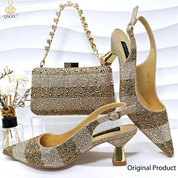 QSGFC INS Gold Color Elegant Women Heels Shoes and Bag Set Hollow Rhinestones  High Heels Wedges Shoes Matching Bag