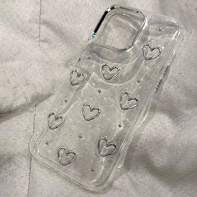 Korea Glitter 3D Silver Love Heart Phone Case For iPhone 16 15 14 13 12 11 Pro Max 7 8 Plus X XS Epoxy Shell Girl Clear Cover