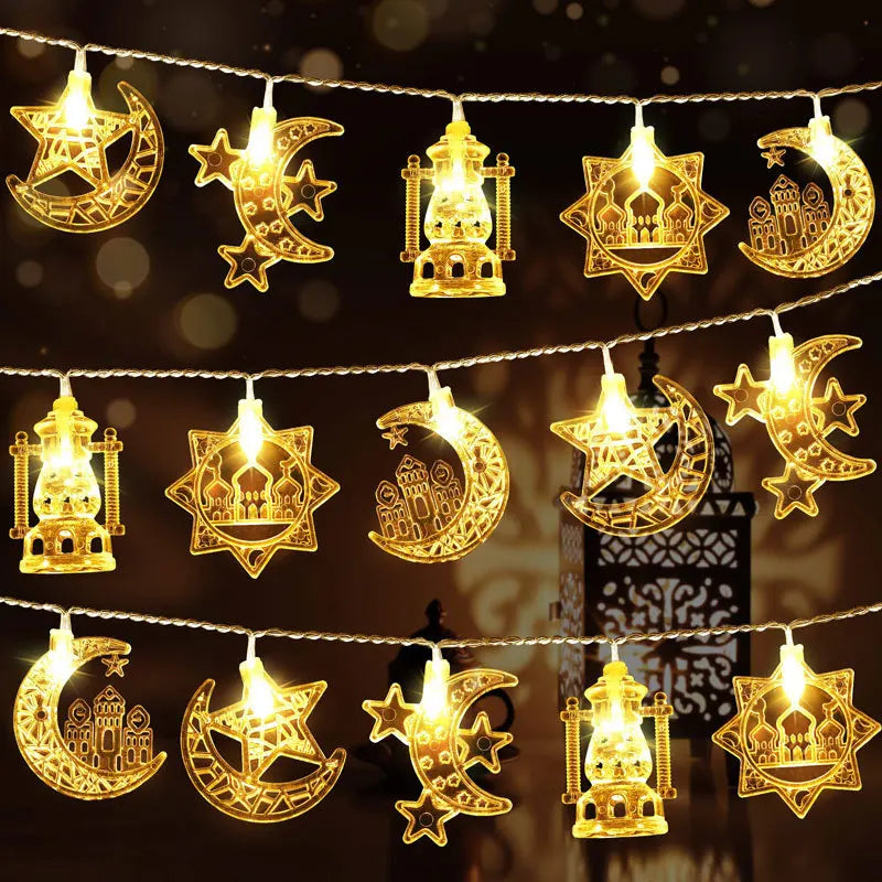 Eid Mubarak LED String Lights Moon Star Castle Lantern Ramadan Kareem Decoration for Home Muslim Islamic Festival Party Supplies