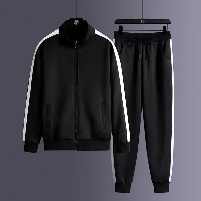 2024 Autumn Korean Tracksuit Men Zip Pocket Running Sets Striped Sporting Suit Jacket+ Sweatpants Jogging Fitness Clothing - Aurex