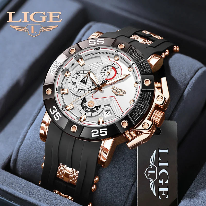 LIGE Man Watch Fashion Military Sport Date Quartz Watches Top Brand Luxury Silicone Strap Waterproof Chronograph Watches For Men