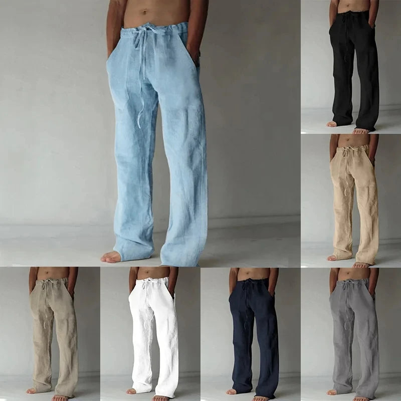 Men's Cotton Linen Long Pants Summer Solid Color Breathable Linen Trousers Male Casual Elastic Waist Casual Pants Harajuku Trous