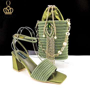 QSGFC Newest Olive Color Personalized  Design Rhinestone Decoration High Heel Peep Toe Banquet Ladies Shoes And Bag Set