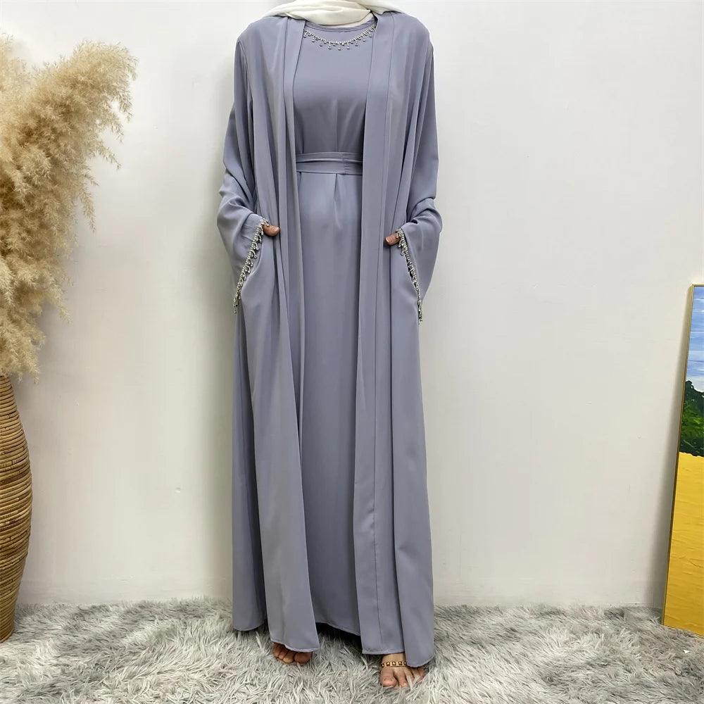 New fashion Muslim women sleeveless dress plus Muslim cardigan two-piece Arab Turkey Dubai dress elegant temperament clothing - Aurex