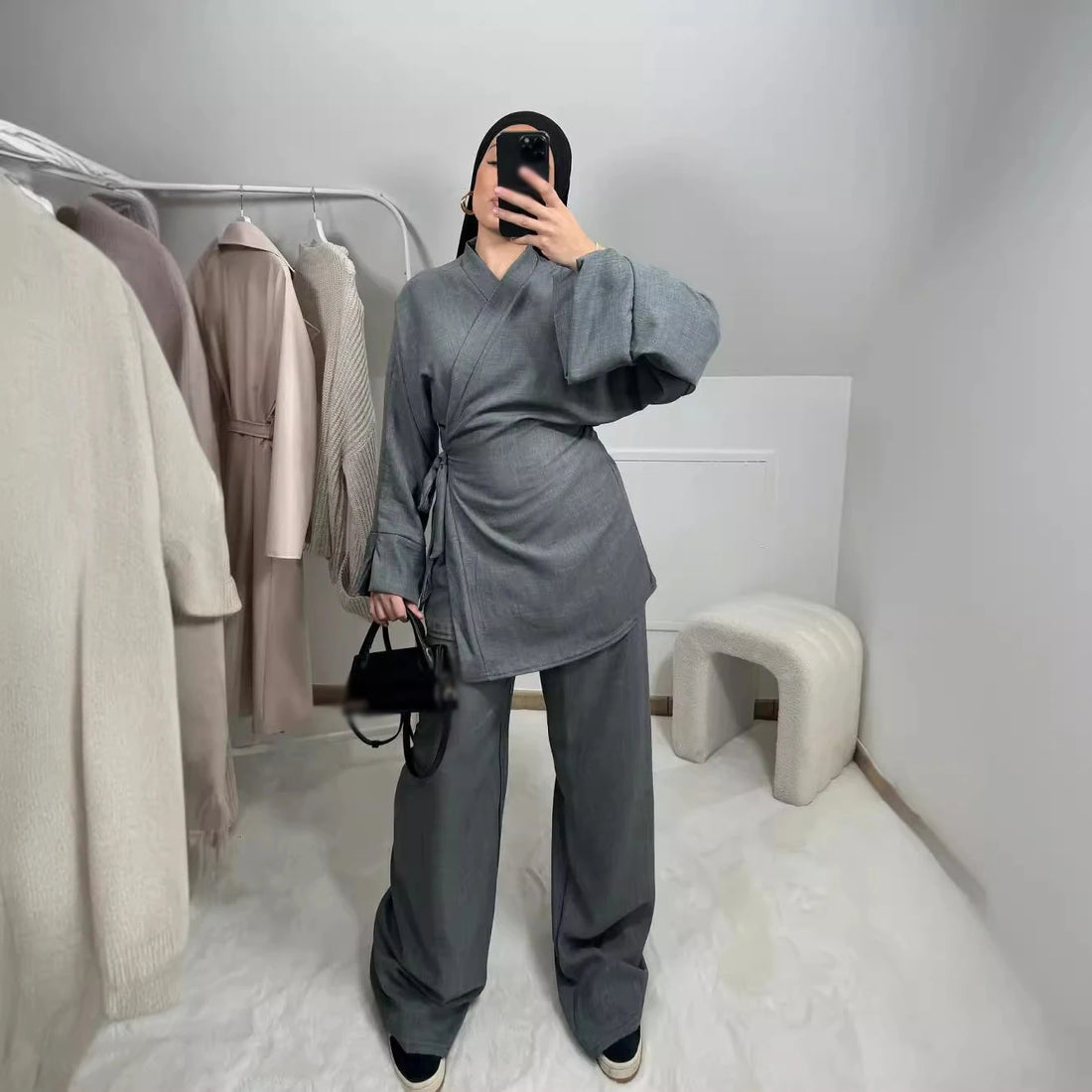 Matching Set Cotton Linen Lace Up Shirts Trouser Muslim Women Top Long Pants Suit Modest Female Soft 2 Pieces Islamic Outfits - Aurex