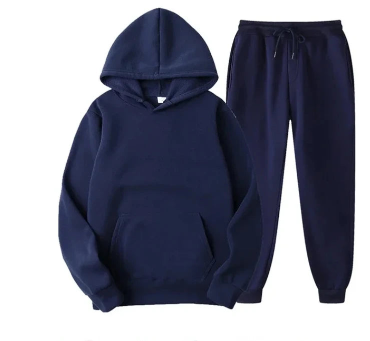 New Men Women Tracksuit Hoodies Casual Solid Color Thick Pullover and Long Pant 2-piece Set Men Autumn Fleece Jogger Sports Suit - Aurex