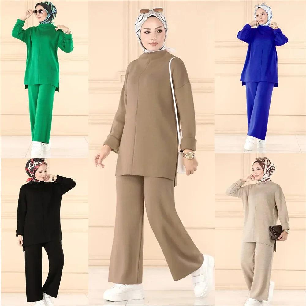 Elegant Casual Autumn Winter Knitted 2 Piece Set Womens Outfits Matching Muslim Set Wide Leg Pants Suit Tracksuit Ramadan Arabic - Aurex