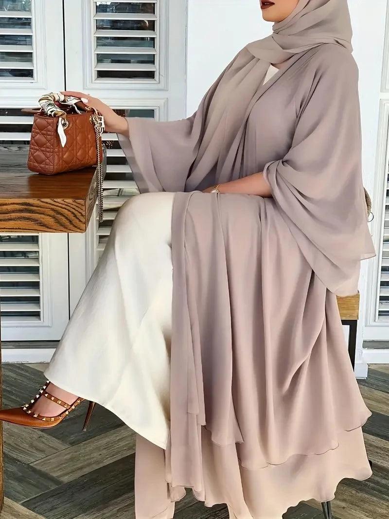 Solid Color Tie Waist Modest Dress, Elegant Layered Hem Maxi Length Dress With Hijab, Women's Clothing - Aurex