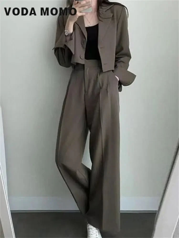 Spring Korean Casual Elegant Suits Blazer Jacket Wide Leg Trousers High Waist Pants Suits Female 2 Piece Sets Crop Top Coats - Aurex