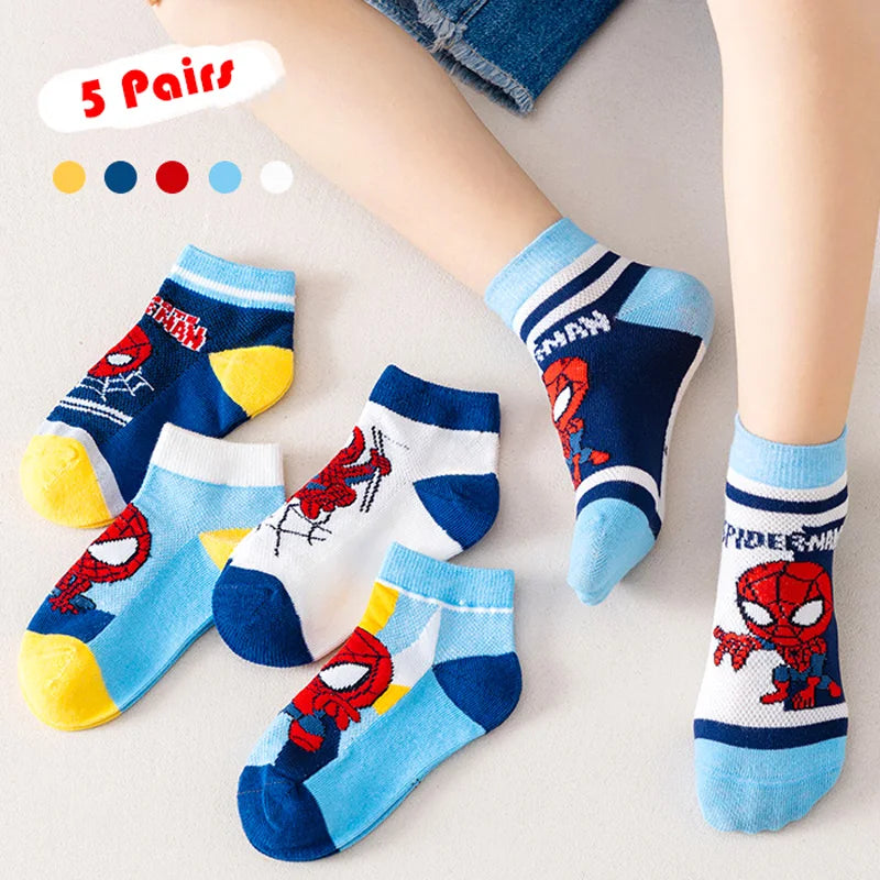 5 Pairs of Children's Socks for Boys Spiderman Anime Figure Cotton Mesh Socks Superhero Iron Man Captain America Short Socks