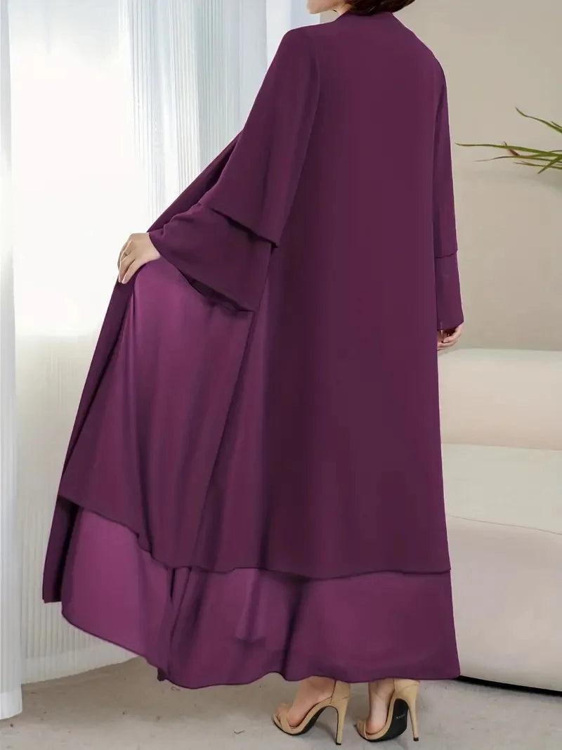 Solid Color Tie Waist Modest Dress, Elegant Layered Hem Maxi Length Dress With Hijab, Women's Clothing - Aurex