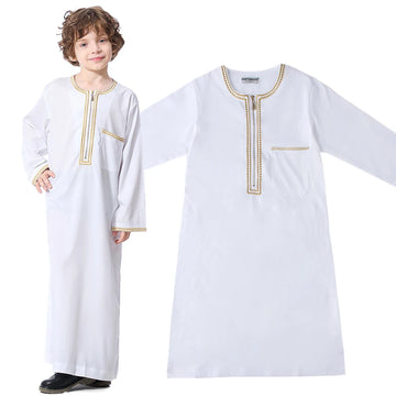 2024 New Children Thawb Teens Summer Muslim Robe Kids Arab Folk Clothes Boys Solid Color Thobe 5-14 Years National Outfit