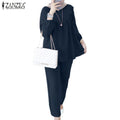 ZANZEA Women Elastic Waist Trouser 2pcs Tracksuit Muslim Fashion Long Sleeve Ruffles Tops Turkey Pant Sets Elegant Matching Sets - Aurex