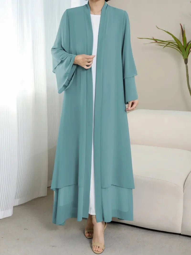 Solid Color Tie Waist Modest Dress, Elegant Layered Hem Maxi Length Dress With Hijab, Women's Clothing - Aurex