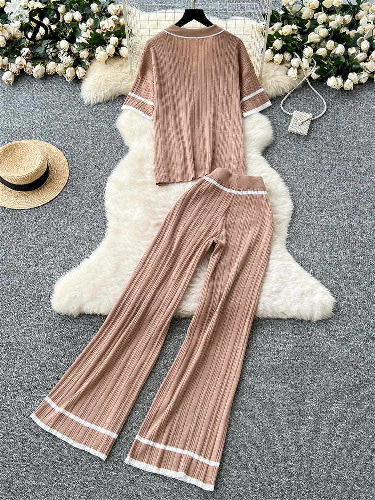 SINGREINY Casual Homewear Women Sets Lapel Neck Short Sleeves Top+High Waist Wide Legs Pants Korean Patchwork Vintage Knit Suits - Aurex