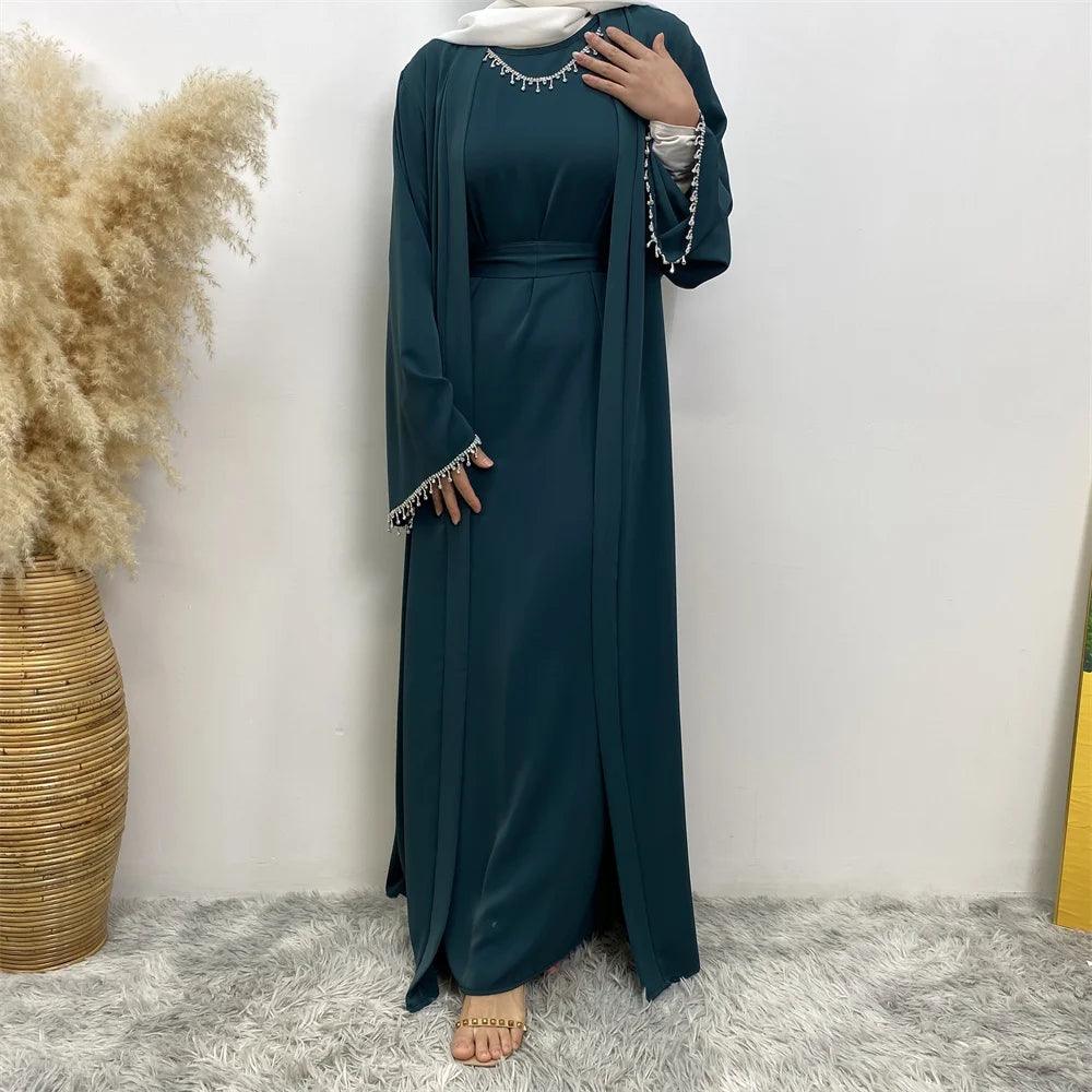 New fashion Muslim women sleeveless dress plus Muslim cardigan two-piece Arab Turkey Dubai dress elegant temperament clothing - Aurex