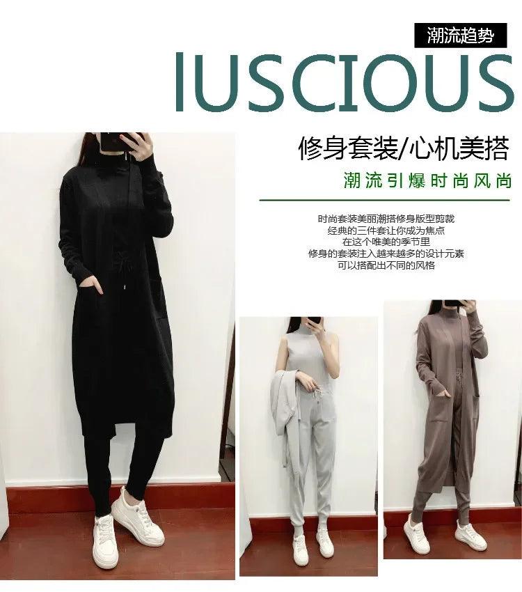 Winter Women Knitted 3 Pieces Set Casual Thicken Long Coat Dress Sweater Coat +top + Pant 3PCS Suits Warm Set Abaya 2024 - Aurex