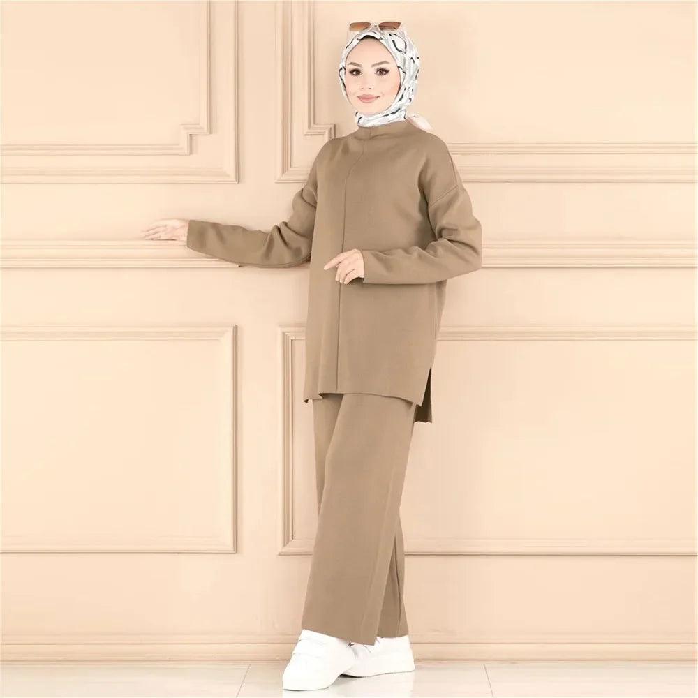 Elegant Casual Autumn Winter Knitted 2 Piece Set Womens Outfits Matching Muslim Set Wide Leg Pants Suit Tracksuit Ramadan Arabic - Aurex