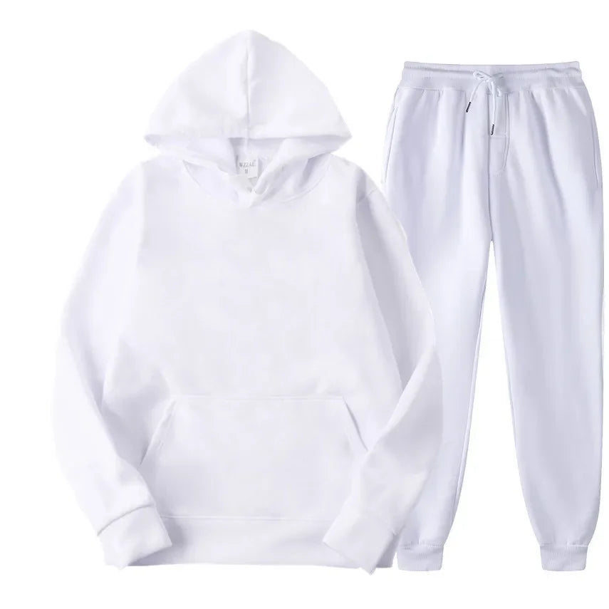 New men's and women's sportswear hoodie casual solid color thick pullover and pants two-piece set autumn and winter jogging suit - Aurex