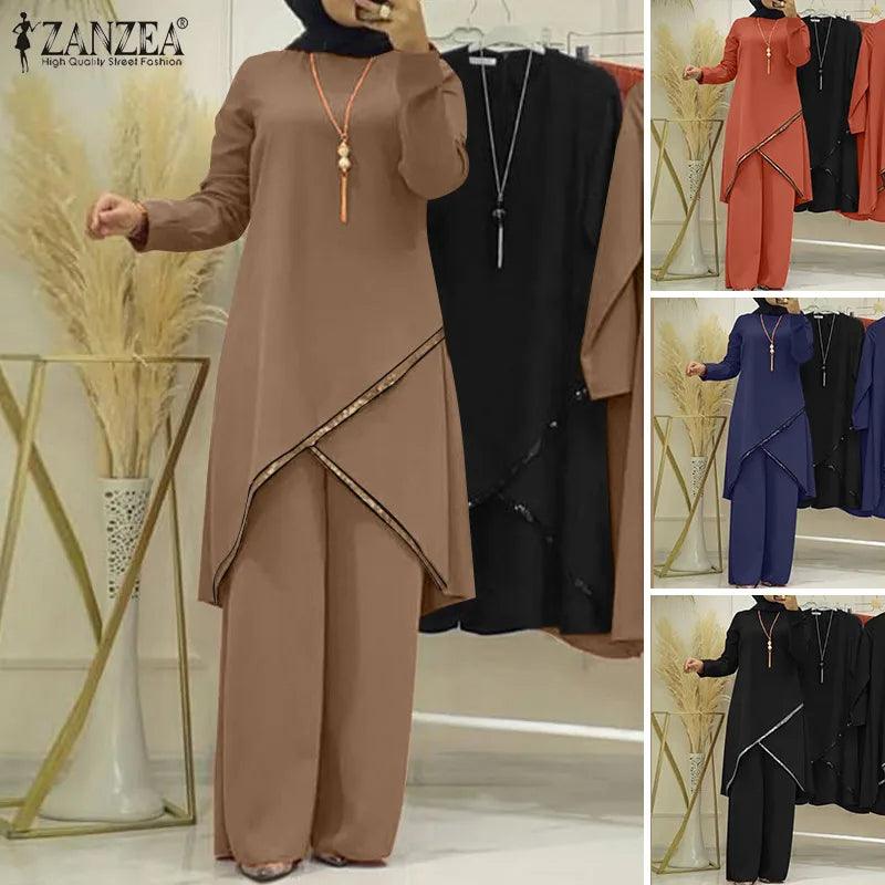 ZANZEA 2PCS Women Muslim Sets Fashion Sequins Islamic Clothing Loose Matching Sets Tracksuit Long Sleeve Blouse Abaya Suits - Aurex