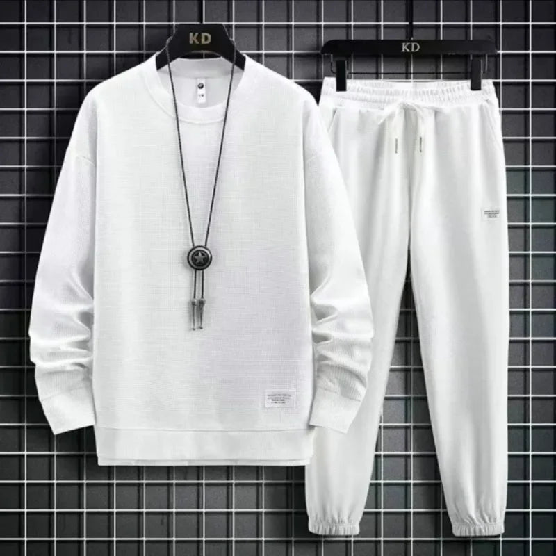 Autumn Winter New Solid Color Casual Hong Kong Style Loose-Fit Long Sleeve Top Sports Suit Round Neck Sweatshirt Men's Set