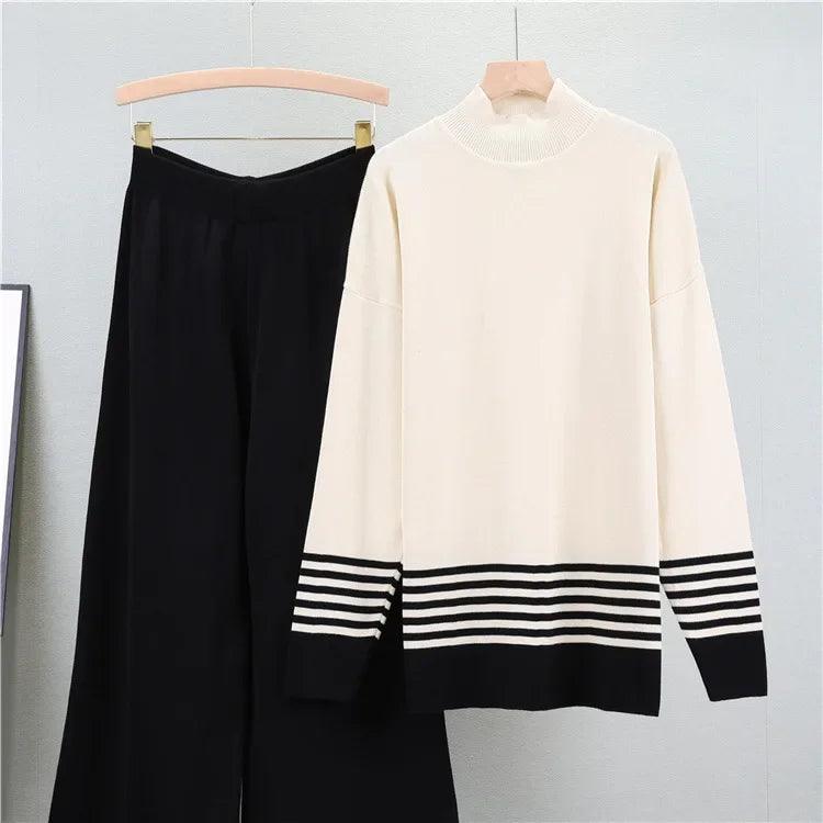 Muslim Knitting Suit Women Two Piece Sets Pullover Striped Sweater Knitted Wide Leg Pants Outfits Casual Knitwear Ensemble 2024 - Aurex