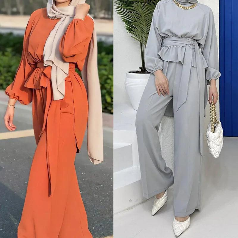 Muslim Wide Leg Trousers Suits for Women, Solid Long Tops and Pant Sets, Islamic Fashion, Urban Tracksuit, Two Piece Sets - Aurex