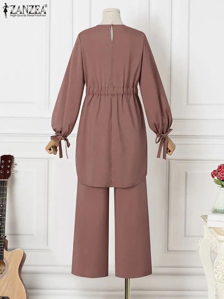 Muslim Women Matching Sets Long Sleeve Solid Color Tops And Loose Pant Suits Elegant Fashion Casual Tracksuit Kaftan - Aurex