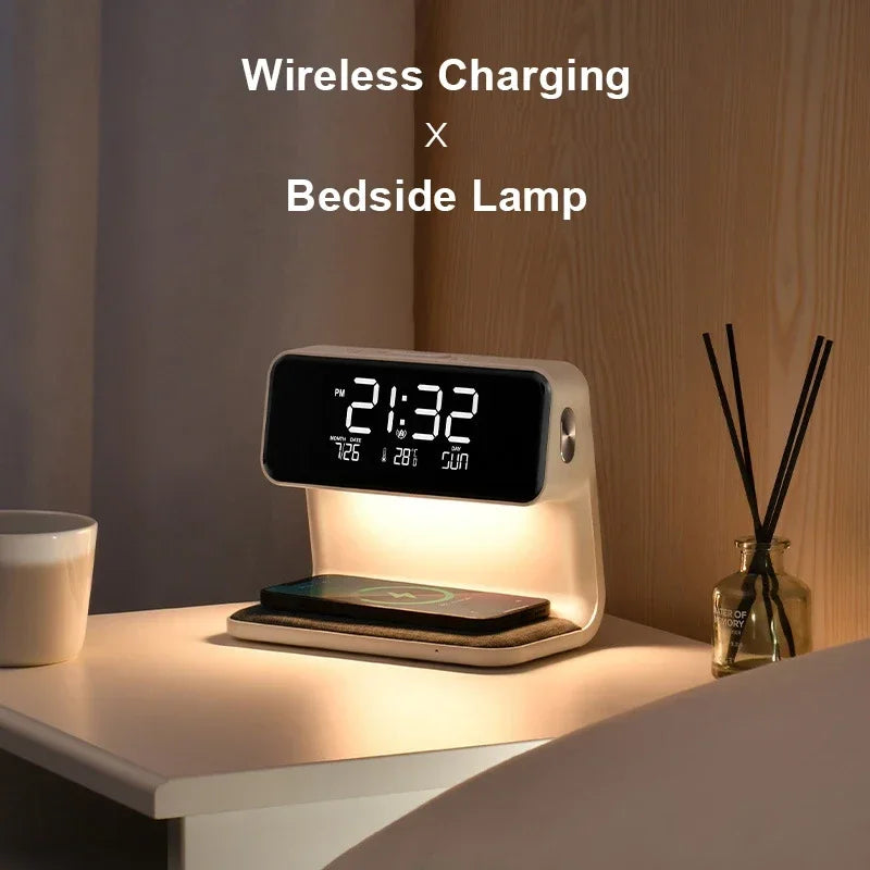 10W Wireless Charger Bedside Lamp Alarm Clock Bedroom Three Gear Dimming Eye Protection Night Light Phone Charging Stations