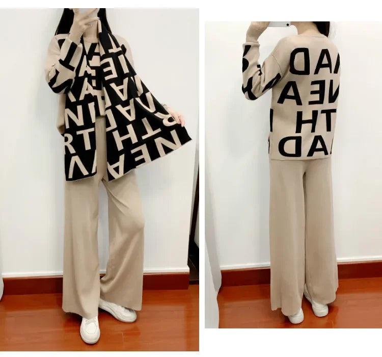 Women Knitting Three Piece Set Letter Print Pullover Sweater Scarf Wide Leg Pants Suit Morocco Ensemble Muslim Knit Tracksuit - Aurex