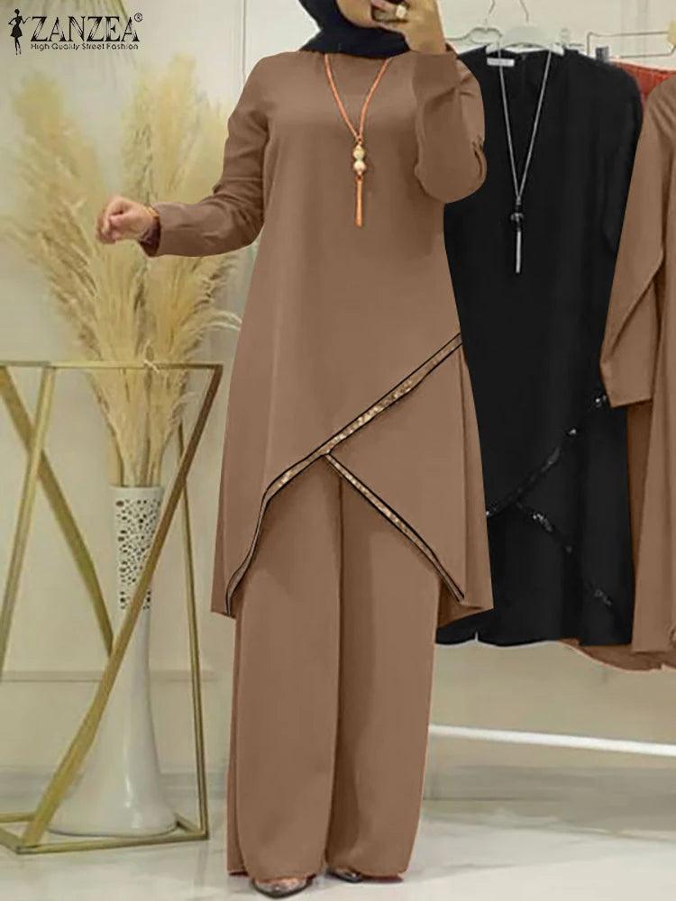 ZANZEA 2PCS Women Muslim Sets Fashion Sequins Islamic Clothing Loose Matching Sets Tracksuit Long Sleeve Blouse Abaya Suits - Aurex