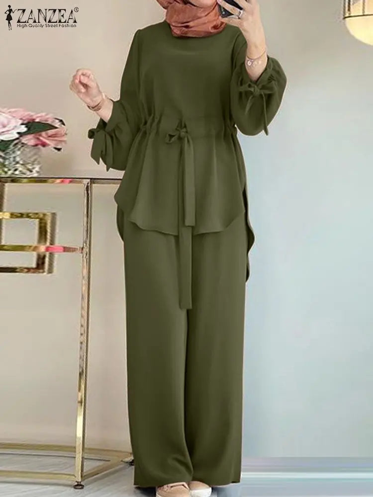 2025 ZANZEA Women Long Sleeve Blouse Pant Suits Fashion Abaya Hijab Tracksuits IsIamic Clothing 2PCS Vintage Autumn Muslim Sets - Aurex